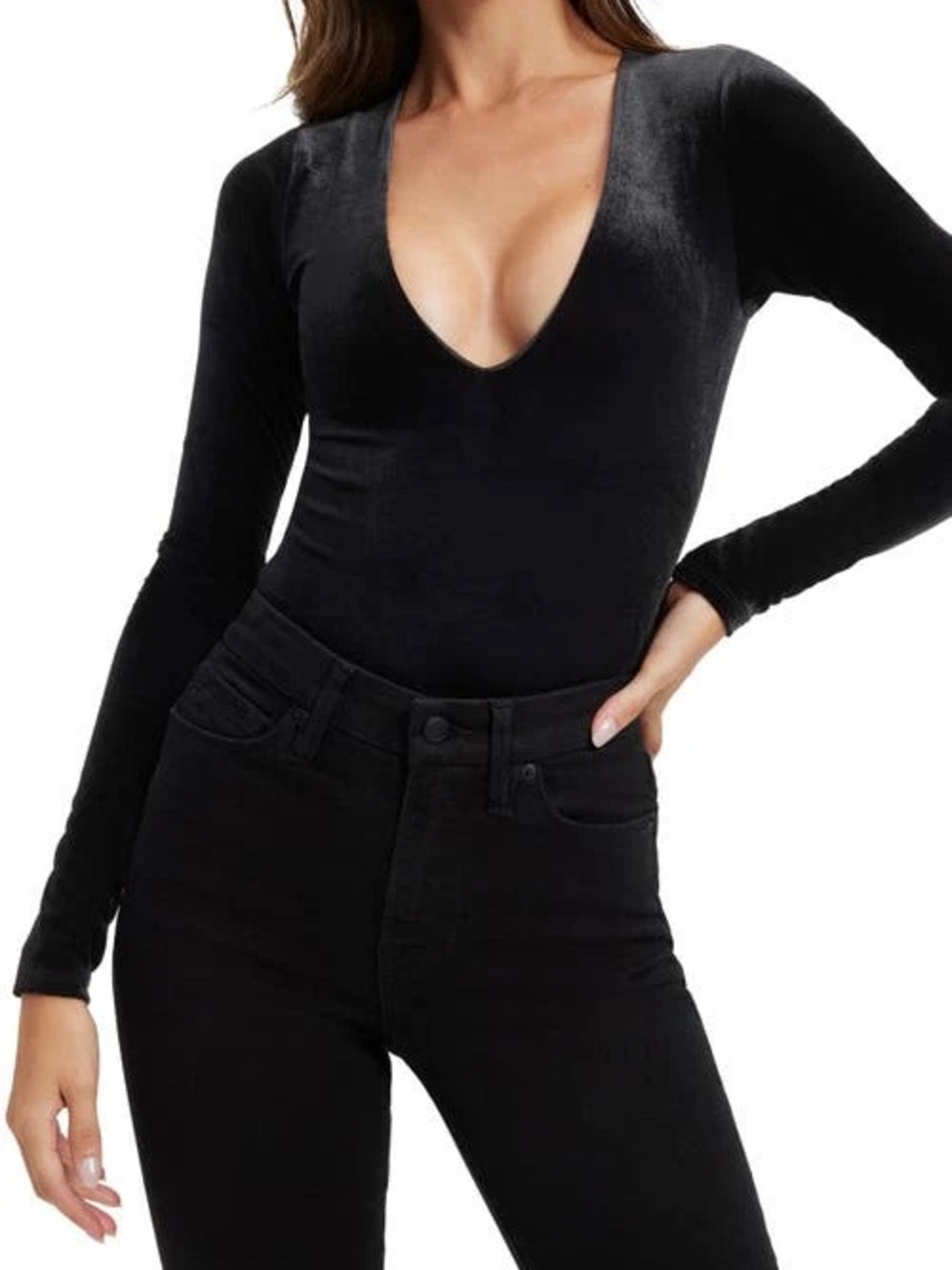 Good American Black Velvet V-Neck Long Sleeve Bodysuit